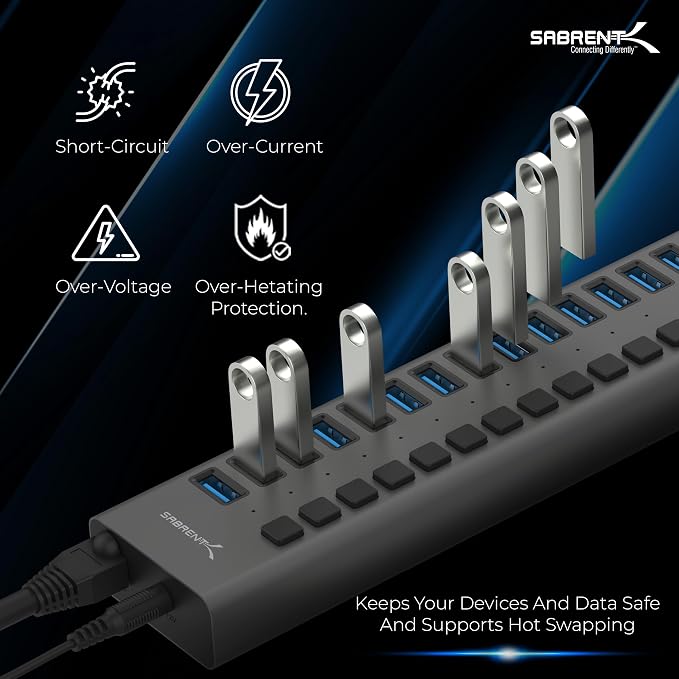 SABRENT 16-Port USB 3.0 Data Hub and Charger with Individual Power Switches, 90W High-Power Output (HB-PU16)
