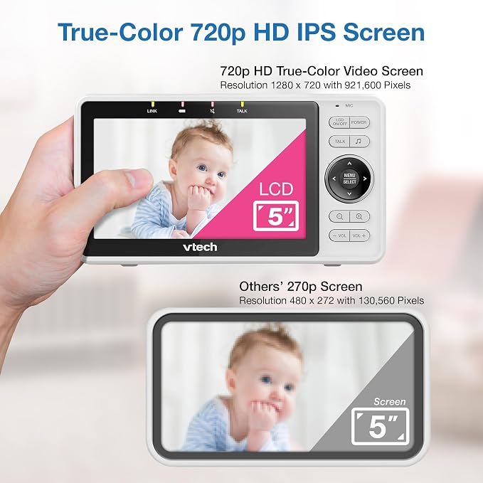 VTech Smart WiFi Baby Monitor – See Your Baby at Home or from Anywhere, Free App, 1080p Camera, 5" Screen, Pan-Tilt-Zoom, Night Vision, Two-Way Talk | VM901