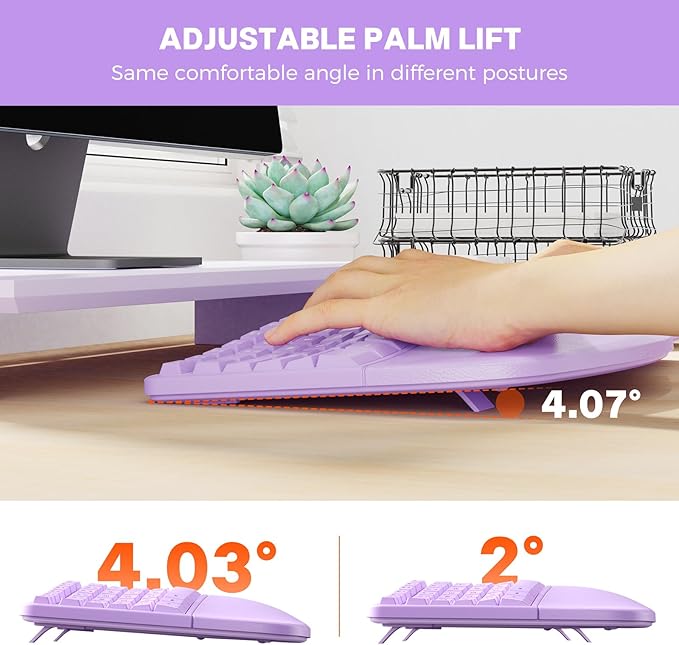 MEETION Ergonomic Wireless Keyboard and Mouse, Curved Keyboard with Vertical Mouse, Split Ergo Keyboard with Wrist Rest, Natural Typing Rechargeable Full Size, Windows/Mac/PC/Laptop, Purple