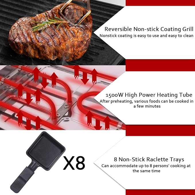 CUSIMAX Raclette Grill Electric Grill Table Portable 2 in 1 Korean BBQ Grill Indoor & Cheese Raclette, Reversible Non-stick plate, Crepe Maker with Adjustable temperature control and 8 Paddles