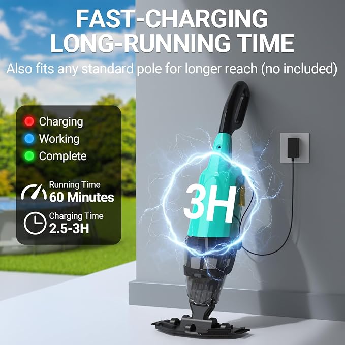 Pool Vacuum for Above Ground Pool, 18GPM Powerful Suction/87” Extension Pole/60Mins Runtime, Spot Fast Cleaning Cordless Handheld Pool Vacuum Cleaner for Spas Inground Above Ground Pool Vacuums