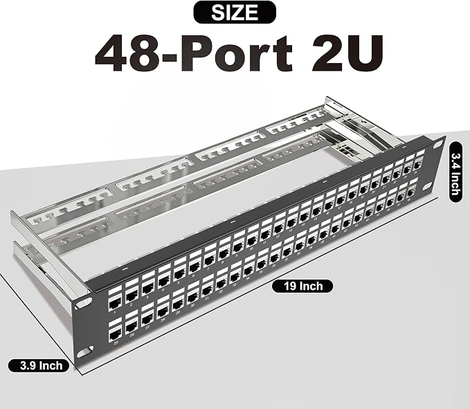 Jadaol [UL Listed] 48-Port Shielded Cat6A Patch Panel, 19” 2U Rackmount/Wall Mount Feed-Through RJ45 Panel with 48 Preloaded Shielded Keystone Couplers + 2 Spare, Up to 10Gbps, Cable Management Bar
