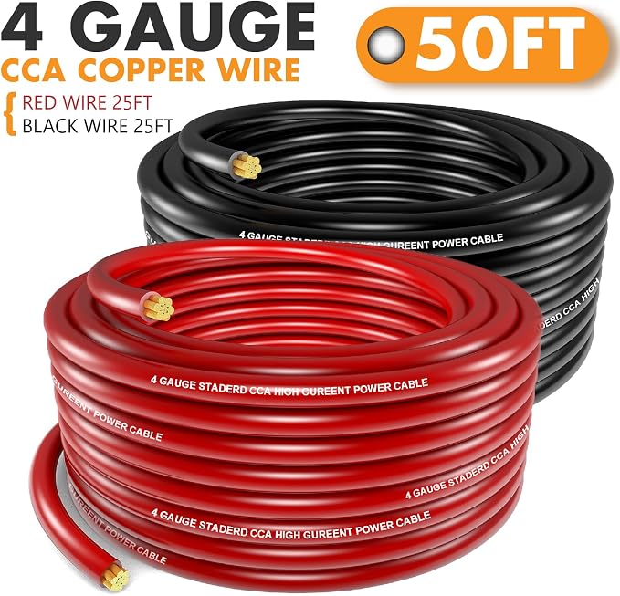 Jeemiter 4 Gauge Wire Copper Clad Aluminum CCA (25ft Each - Red/Black) with Lug Terminal Connectors,3:1 Heat Shrink Tubing for Amplifier,Automotive,Power/Ground Cable