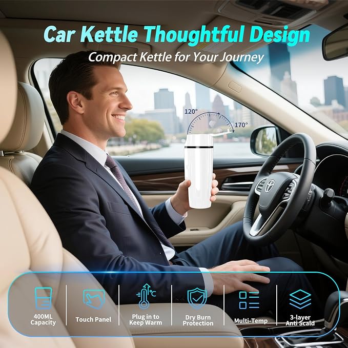Car Electric Kettle for Travel : FVPE 12V/24V Small Electric Water Kettle, Multi-Temp Control 400 mL Portable Car Water Boiler for Brewing Coffee Tea,LCD Display 304 Stainless Steel Truck Heating Cup