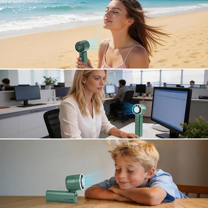 Foldable Handheld Fan with Ice Cooling - 4 Speed Rechargeable Mini Portable Fan, Ultra-Lightweight Personal Air Cooler for Desk, Travel and Makeup, Green