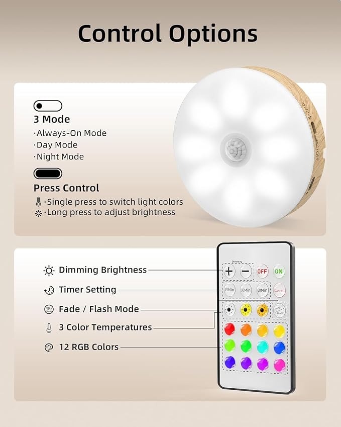 EZVALO Under Cabinet Lighting, 1000mAh Rechargeable Puck Lights with Remote, 3 Color Temps & 12 RGB Motion Sensor Closet Lights Indoor, Dimmable Under Counter Lights for Kitchen (Wood Grain, 6 Packs)