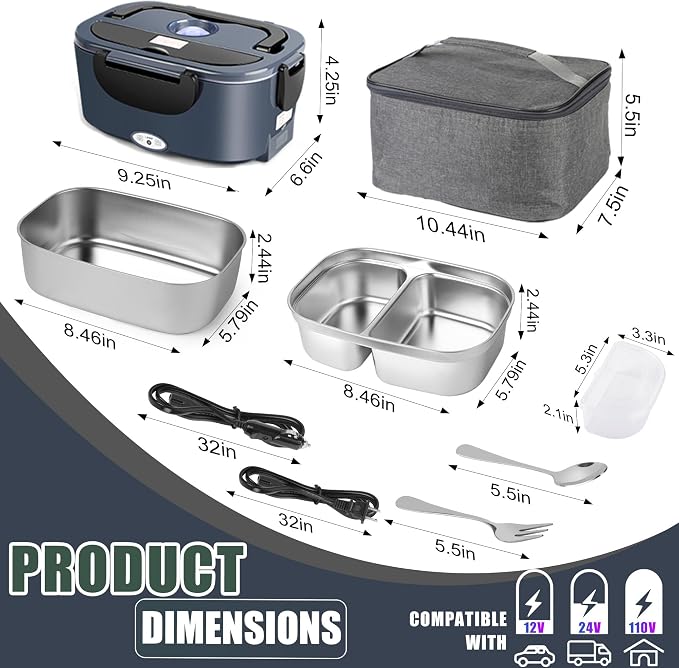 Electric Lunch Box for Adults - 1.5L Single/Double Layer Stainless Steel Food Warmer - 80W Fast PTC Heated Lunchbox, 12V/24V/110V Portable Food Heater for Car&Truck, Office, Camping, Travel