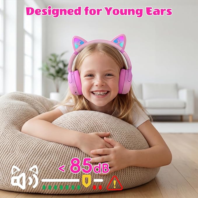 Kids Bluetooth Headphones with LED Cat Ears, Active Noise Cancelling Headphones for Kids, 85dB Safe Volume, 40H Play Time, Bluetooth 6.0, Fast Charging, Built-in Mic for iPad/Tablet/Airplane, Pink