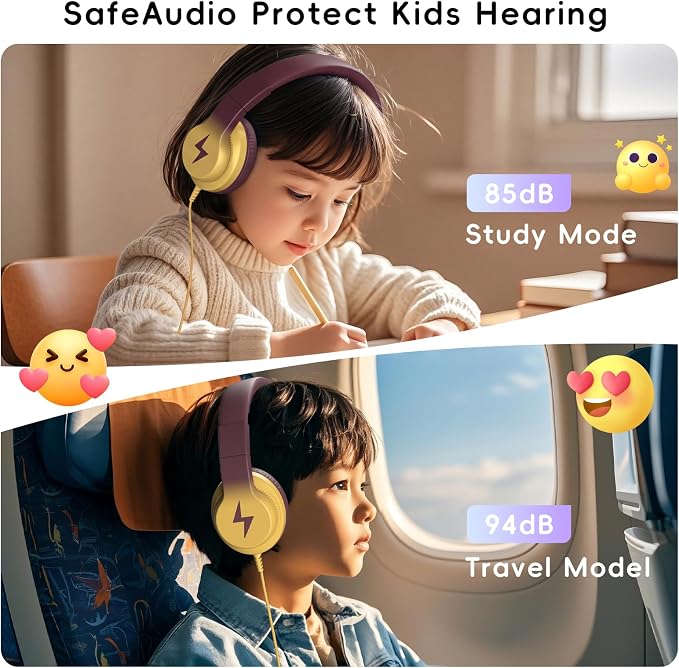Candy Bila Kids Headphones, Wired Headphones for Kids Over Ear with Microphone, 85/94dB Volume Headphone for Girls Boys, Foldable Headphone for Learning, Gradient Brown and Yellow