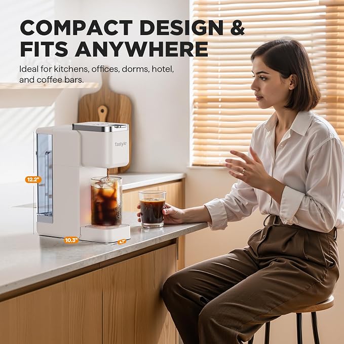 Tastyle Single Serve Coffee Maker, Iced and Hot Coffee Machine for K Cup & Grounds, Compact Design, 40oz Removable Water Reservoir, 6 to 24 Oz Brew Sizes, Fits 7.3" Travel Mug, Beige