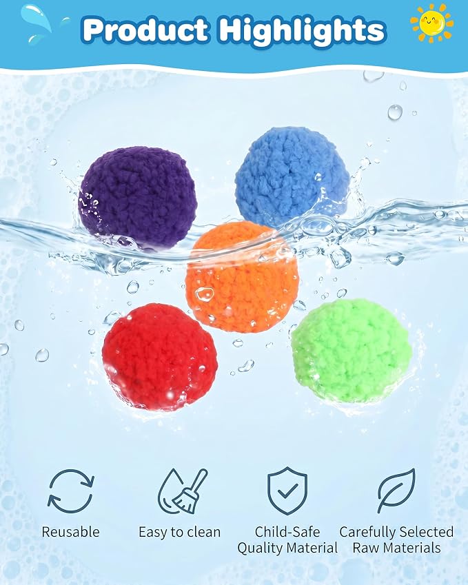 Reusable Water Balloons Set with 1 Bow Launchers - 12 Soft Cotton Water Balls (2.36in, Ages3+) and Mesh Storage Bag, Outdoor Water Toys for Kids and Adults, Summer Pool Beach Backyard Water Game-BLack