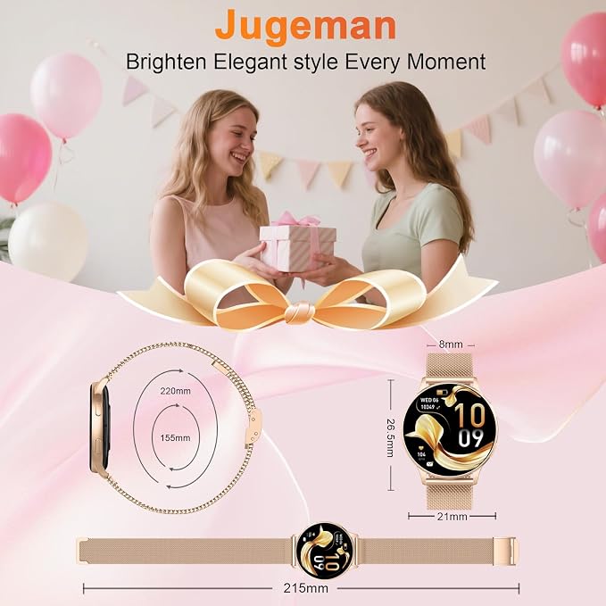 Jugeman Smart Watches for Women, Fashion Womens Watch for Daily Wear with Step Heart Rate Sleep Tracking, IP68 Waterproof Lightweight Wrist Smartwatch for Work Travel Fitness, Gifts for Women (Gold)