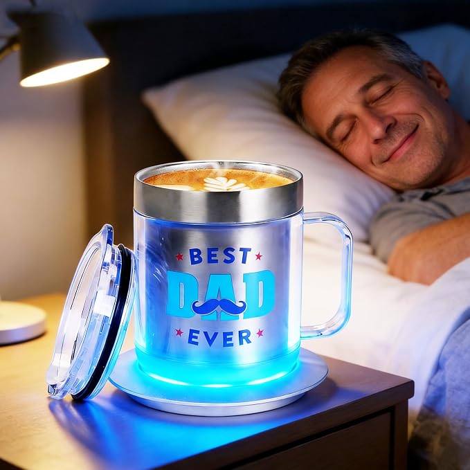 Birthday Gifts for Dad, 12oz Funny Heated Coffee Mug for Dad with BEST DAD EVER, Electric Coffee Cup with Warmer Set, Ideal Valentines Father Day Gifts from Wife Daughter Son(Silver DAD-12oz)