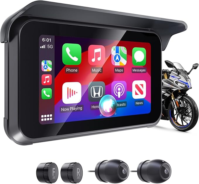 Portable Motorcycle Carplay Screen DVR,Wireless 5 Inch Waterproof Touchscreen Motorcycle TPMS with Dual 1080P Backup Camera,Siri & GPS Navigation,Apple Car Play & Android Auto for Motorbike