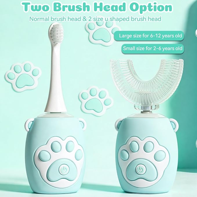 Kids U Shaped Electric Toothbrush for Age 2-12, Rechargeable Toddler Toothbrush with Smart Timer & 3 Clean Modes, Cat's Claw Design, IPX7 Waterproof, 3 Brush Heads & 360°Cleaning