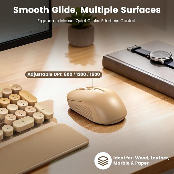 Wireless Keyboard and Mouse Combo, Full-Size Retro Typewriter Keyboard with Round Keycaps, Magnetic Wrist Rest & Tilt Legs, 2.4GHz Cordless for Mac/Windows PC/Laptop, SABLUTE CK23, Latte Gradient