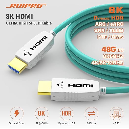 RUIPRO 8K Fiber Optic HDMI Cable 33 Feet 48Gbps 8K60Hz 4K120Hz Dynamic HDR eARC HDCP2.2/2.3 for RTX4080/4090/3080/3090, Xbox S/X, PS5/4, AVR, Projector, LG/Samsung/Sony TV