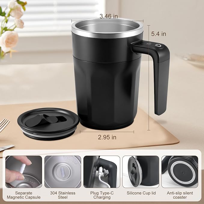 Temperature Display Self Stirring Coffee Mug, Rechargeable Stirring Mug, Automatic Self Stirring Cup with Lid, For Coffee, Milk and Other Beverages, Black
