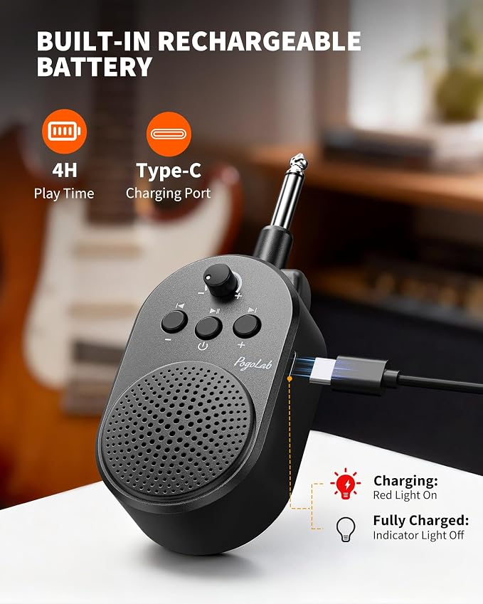 POGOLAB Mini Guitar Amp, 5W Portable Electric Practice Amp with Volume Control, Plug and Play, BT Rechargeable Plug-in Small Speaker for Guitar/Bass/Electric Instruments