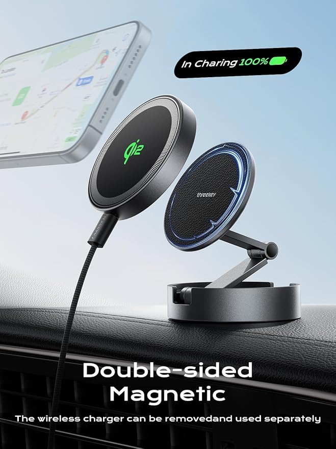 THREEKEY Qi2 Certified Magnetic Car Mount Charger Lite,Car Wireless Charger,15W Fast Charging,Retractable Phone Holder with 360°Rotation,Car Mount for iPhone17-12&Galaxy S25 Ultra