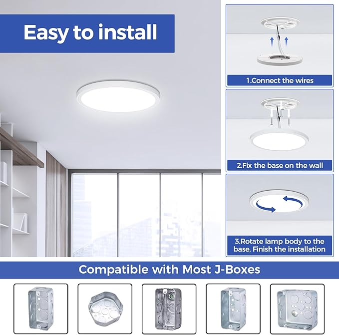 Flush Mount Ceiling Light Fixtures,24W Flat led Light for Ceiling,6000K 2200LM Ultra Thin Round White Lamp for Bedroom Kitchen,Bathroom,Garage,Living Room, Hallway