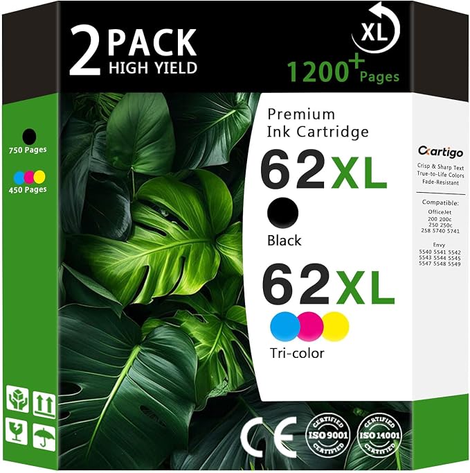 62XL High Yield Compatible Ink Cartridges Replacement for HP 62, Fit HP Envy 5540 5640 5660 7644 OfficeJet 5740 5741 8040 200 250 Series Printers, Combo 2-Pack (1 Black / 1 Tri-Color Non-OEM)