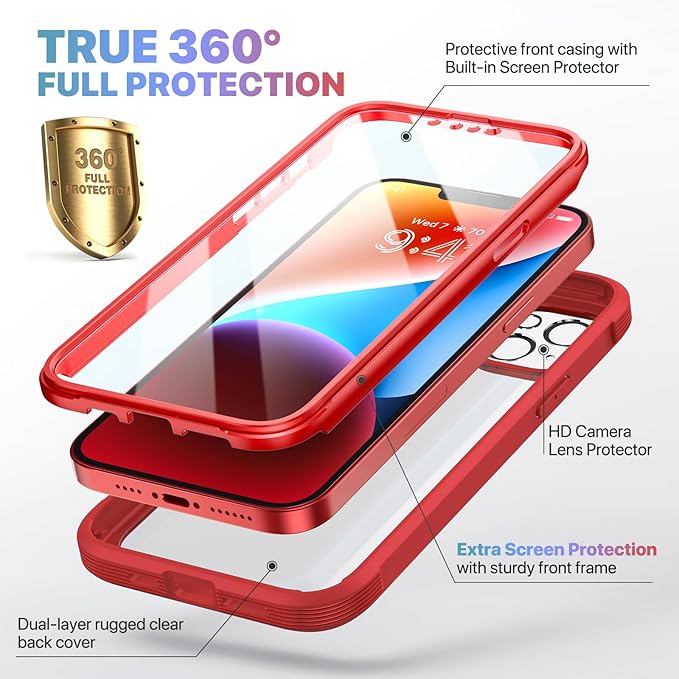 Diaclara Designed for iPhone 14 Plus Case, Full Body Rugged Case with Built-in Touch Sensitive Anti-Scratch Screen Protector, with Camera Lens Protector (Red and Clear)