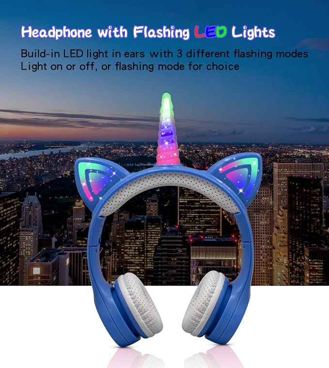 Unicorn Kids Bluetooth Headphones,15 Hours Play time, Toddler Bluetooth Headphones for Girls Boys Laptop Phones,Led Light Up Kids Wireless Headphone for Birthday Travel School Gifts (Blue)
