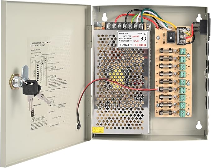 CCTV Power Supply Box 9 Channel 12V 10A, Lockable Metal Power Distribution with Resettable Fuse for Security Cameras DVRs