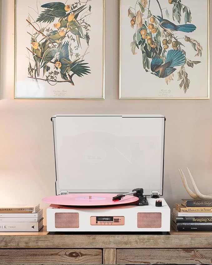 Vinyl Record Player Vintage Wireless Bluetooth Record Player with Stereo Speakers, USB/TF Card Recording, LP Player with 3 Speed Belt Drive Turntable Support RCA Line-Out AUX Input EQ,White& Rose Gold