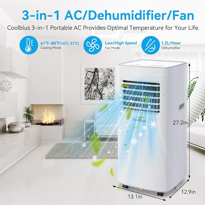 Coolblus 10000 BTU Portable Air Conditioners Cool Up to 450 Sq.Ft, 3-IN-1 Portable AC Unit with Remote Control/LED Display/Installation Kits & Screwdriver/24Hrs Timer for Home/Office, White-10000BTU
