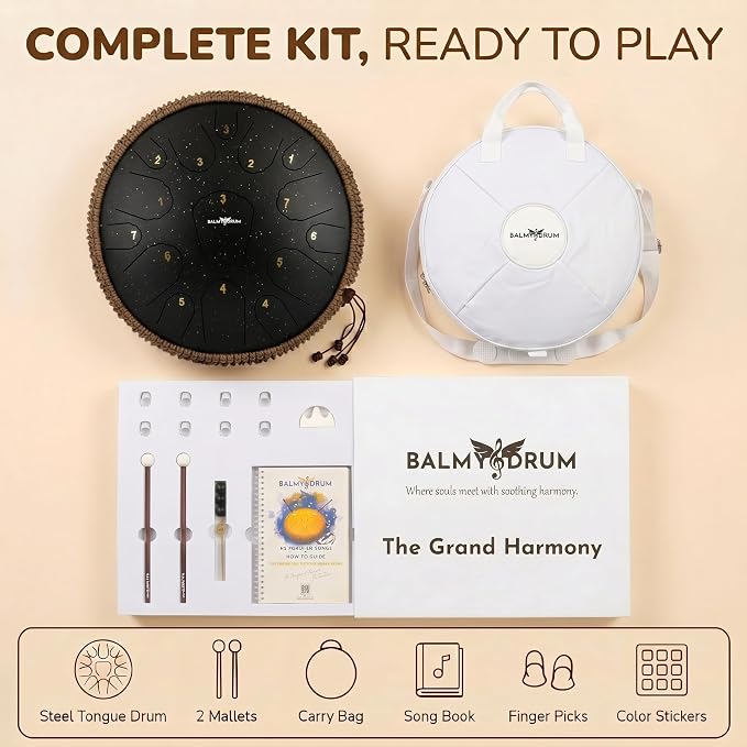Balmy Drum Steel Tongue Drum 14 inch 15 Notes 440Hz, Handpan Drum with Music Book, Mallets, Carry Bag, Finger Picks, Rain Drum for Outdoor, Meditation Yoga Calming Instruments for Adults Kids (Black)