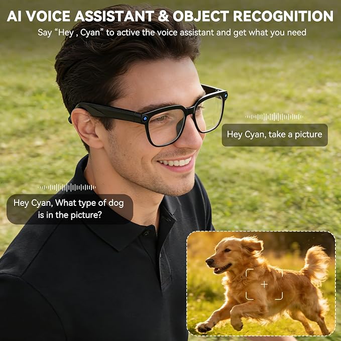 AI Smart Glasses with Camera,8MP Camera Glasses,1080P Anti-Shake Video Recording, Real Time Translation,AI Voice Assistant,Object Recognition,Bluetooth Sunglasses for Men Women(Transparent Lenses)
