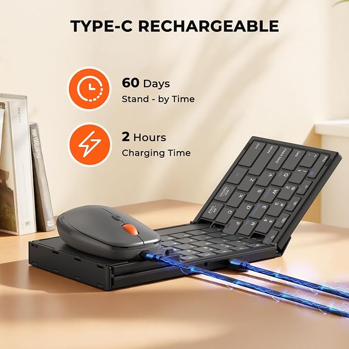 MEETION Foldable Keyboard and Mouse, Portable Folding Wireless Keyboard Mouse, Full Size Rechargeable 2.4G+Dual Bluetooth Keyboards for Business Travel, for Windows/Mac/iOS/Andriod, iPad/Laptop