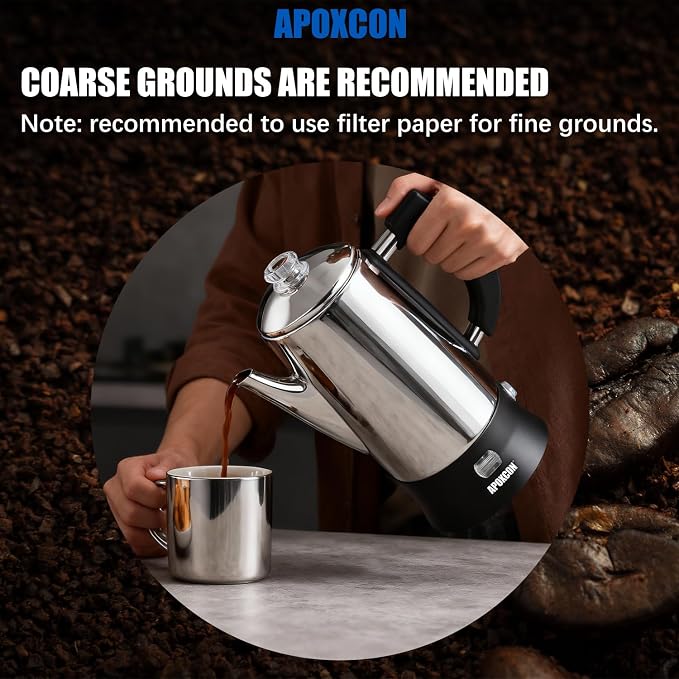 APOXCON Electric Coffee Percolator, Stainless Steel, with Glass Knob, Automatic Keep Warm, Cordless Serve,12 Cup