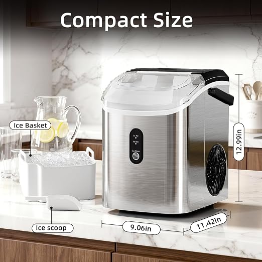 Nugget Countertop Ice Maker with Soft Chewable Ice, 35Lbs/24H, Pebble Portable Ice Machine with Ice Scoop, Self-Cleaning, One-Click Operation, for Kitchen,Office Stainless Steel Silver