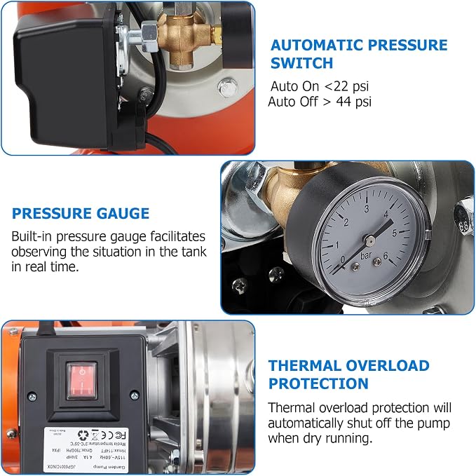Garvee 1.6HP Shallow Well Pump with Pressure Tank, Stainless Steel, 115V Irrigation Pump, Automatic Water Booster Jet Pump for Home, Garden, Lawn