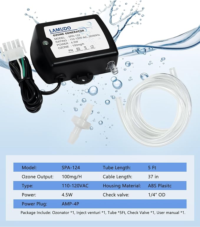 Ozone Generator for Hot Tub and Cold Plunge, SPA-124 Ozonator for Swim Spas, Mini Portable Ozone Machine with Check Valve and Tubes, Replace HCD-55(AMP-4 Plug)
