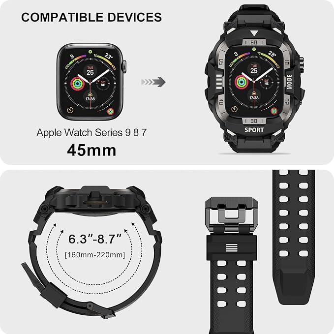 DABAOZA Rugged Case with Band Compatible with Apple Watch 45mm, for iWatch Series 9/8/7,Military Grade Shockproof Bumper and Men's Tactical Heavy Duty Strap(Black/Black,45MM)