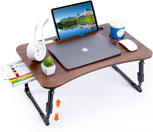Laptop Desk for Bed, Height Adjustable Laptop Bed Table, Foldable Portable Lap Desk Stand with USB/Storage Drawer/Cup Holder/Slot, Breakfast Tray for Working Reading Writing Eating