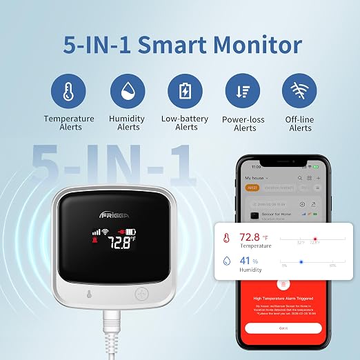 Frigga 4G Cellular Temperature & Humidity Monitor, No WiFi Required (WiFi Optional), Remote Temperature Sensor with App, Email & On-Device Voice Alerts for RV, Pets, Vacation Home, S0