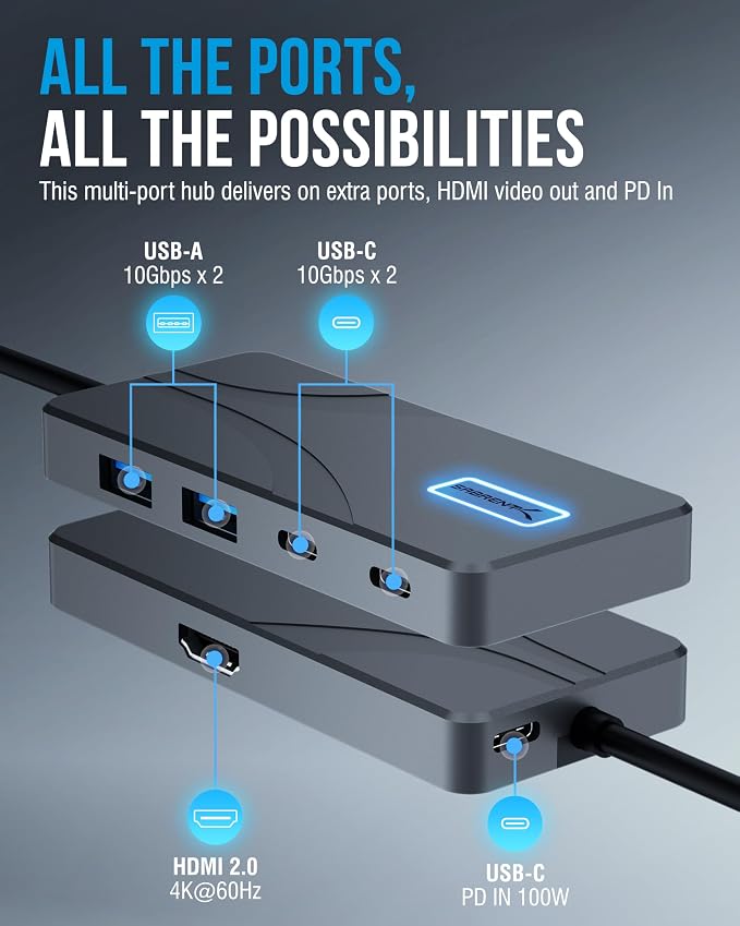 SABRENT USB C Hub 5-in-1, 10Gbps USB-A & USB-C Ports, Single 4K@60Hz HDMI, 100W PD Input, 80W Laptop Charging, Compact Aluminum Docking Station for MacBook, iPad, Laptops & Tablets (HB-TG5P)