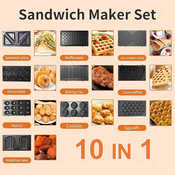 10 in 1 Panini Press Sandwich Maker 750W,Egg Sandwich Maker Panini Press with Removable Non-Stick Paltes,Cool Touch Handle,Easy to Clean,for Making Breakfast,Egg,Mini Waffle,Kitchen Appliances,Black