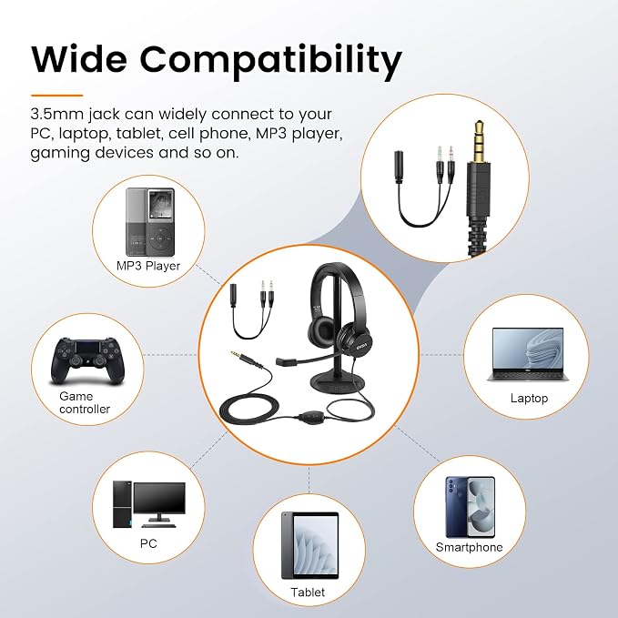 Headsets with Microphone for Laptop, 3.5mm Wired Computer Headset Super-Lightweight Noise Cancelling Headphones with in-line Control Volume & Mute, PC Headset Perfect for Classroom, Home or Office
