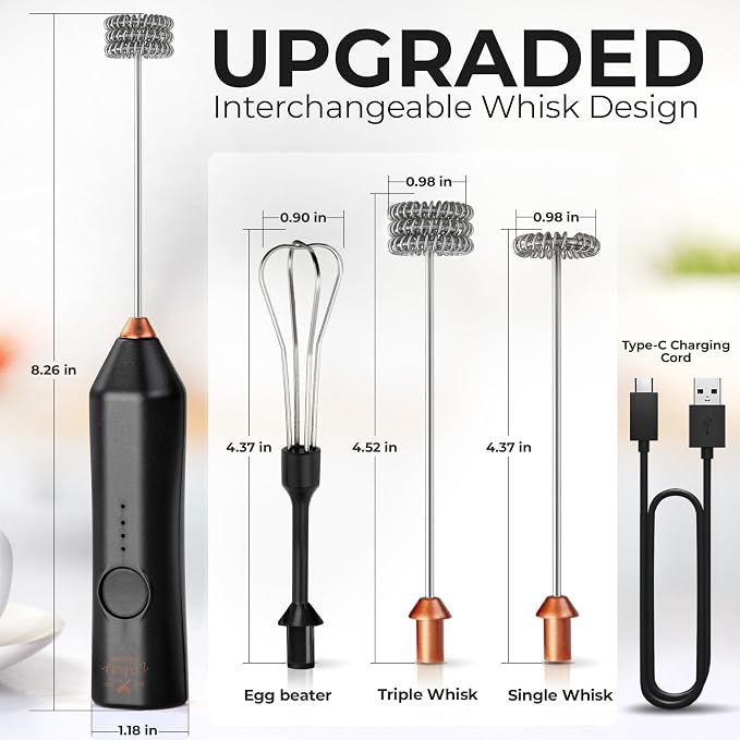 Zulay Kitchen Rechargeable Milk Frother Handheld - Frother Wand, Drink Mixer, Electric Whisk Frother, for Cappuccinos, Matcha & Protein Powder - Dynamic 3 Whisk, 3 Speed 500mAh Black Copper
