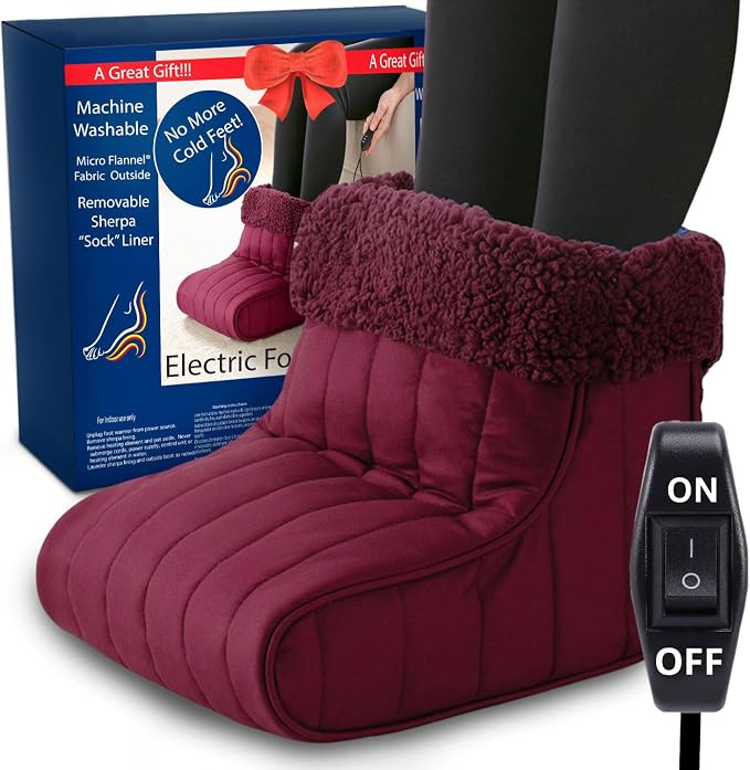 Thermee Micro Flannel Heated Foot Warmer, Sherpa Fleece, 2-Hour Safety Shut-Off, Electric Foot Heater for Women & Men, Foot Warmers for Feet, Heated Slippers, Under Desk Foot Warmer - Burgundy