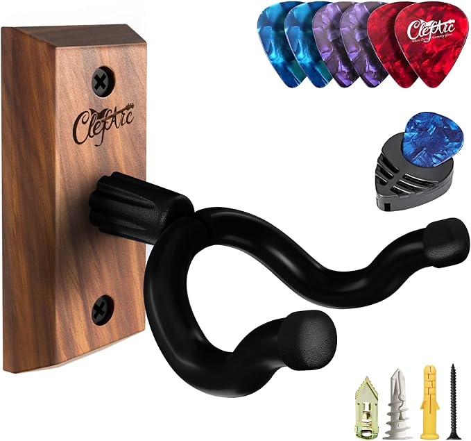 U-Shape Hardwood Guitar Wall Mount, Black Walnut | Pick Holders, With 6 Assorted Guitar Picks, Guitar Hanger, Guitar Accessories