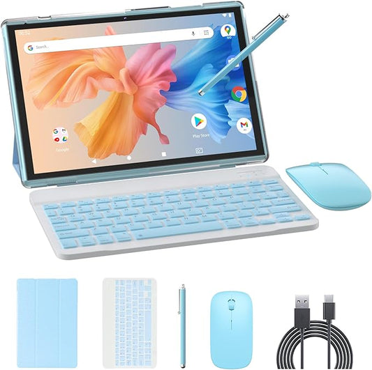 NOVOJOY 2 in 1 Tablet 10 Inch Android 15 OS Tableta, Tablets with Keyboard, Mouse, Case, Stylus, 32GB ROM+8GB RAM, 2MP+8MP Dual Camera, Quad Core Processor, 6000mAh Battery, 10.1 in FHD Tab Blue
