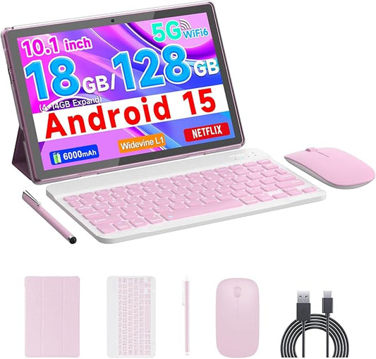 COOPERS Tablet Android 15, 10 inch Tablet 18GB RAM+128GB ROM 2TB Expandable, 2.0Ghz Quad-core Processor, 5G WiFi6 BT 5.0, Dual Cameras, 2 in 1 Tablets with Keyboard Case Mouse Stylus, Widevine L1 Pink