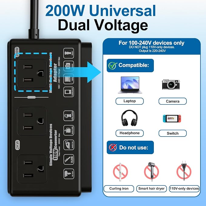 220v to 110v Travel Voltage Converter: International Universal Voltage Black Converter US to Europe Power Strip Plug Transformer - 2000W Electric Hair Dryer Step Down Outlet Converters for European UK